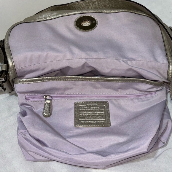 COACH Legacy Duffle Bag, Pebbled Leather, Turn-lock flap front, Silver Metallic - Picture 7 of 10